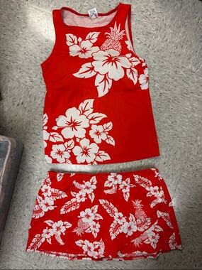Red Hawaiian Floral Tank and Shorts Bathing Suit Set